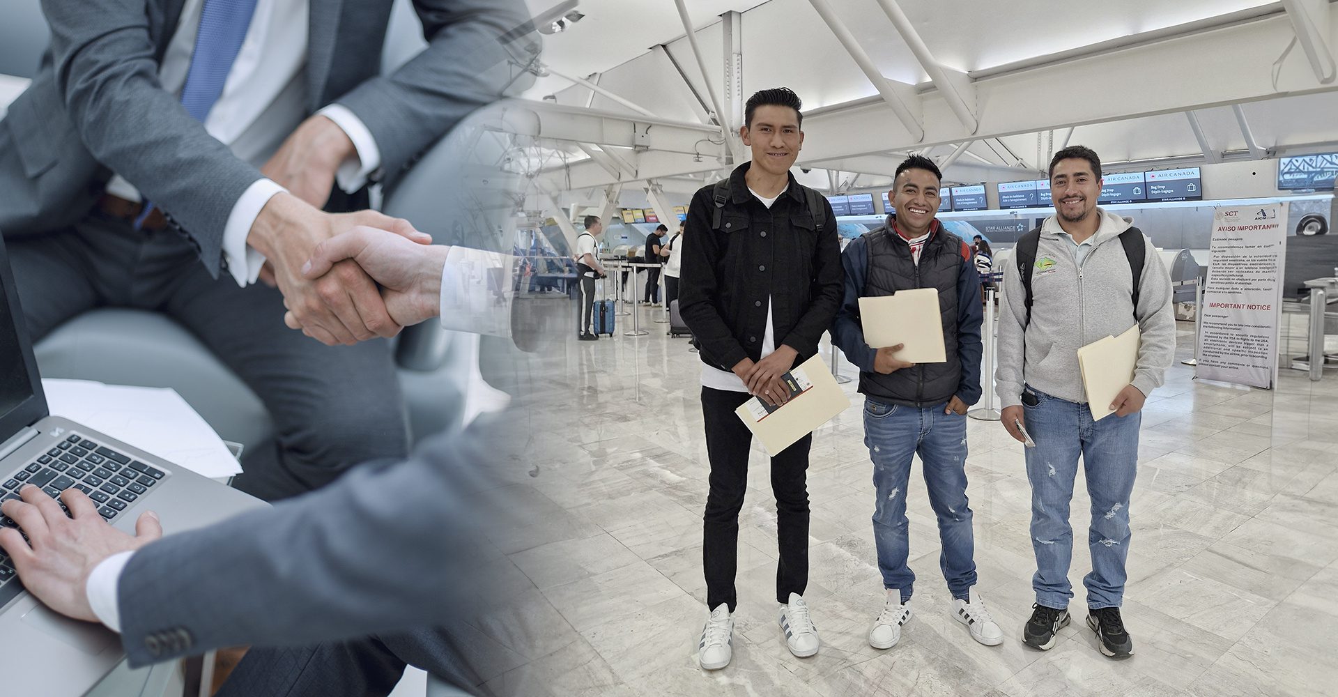 3 travailleurs à l'aéroport avec leur contrat dans les mains